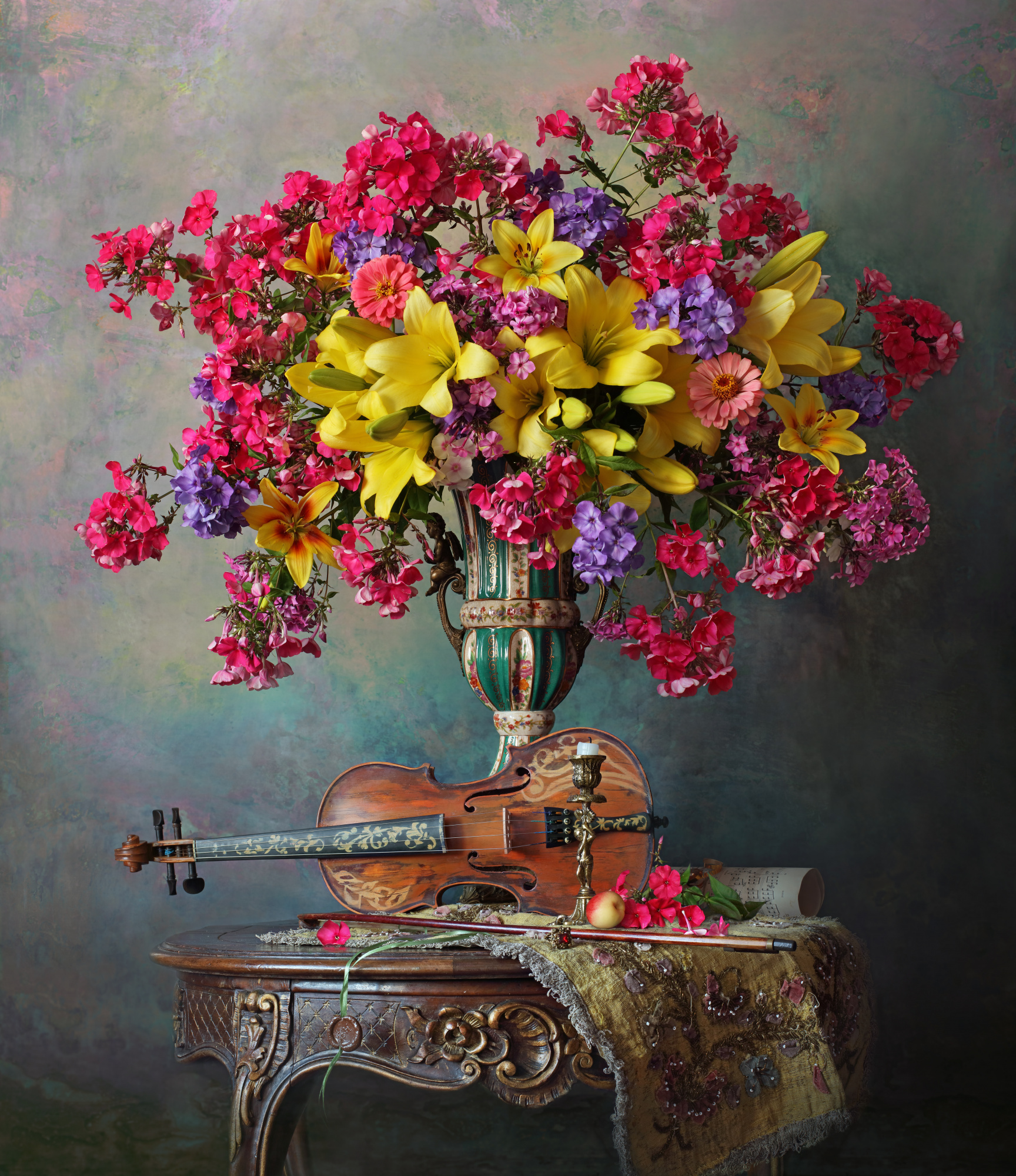 Still life with violin and flowers by Andrey Morozov